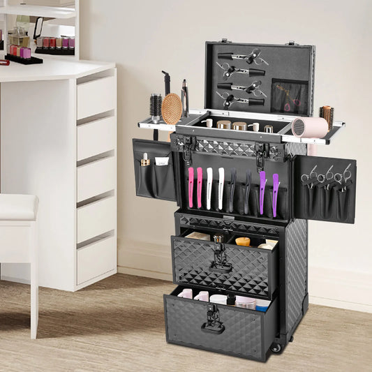 Cosmetology Case on Wheels Rolling Makeup Train Case Nail Travel Case for Nail Technicians Professional Makeup Case with Drawer