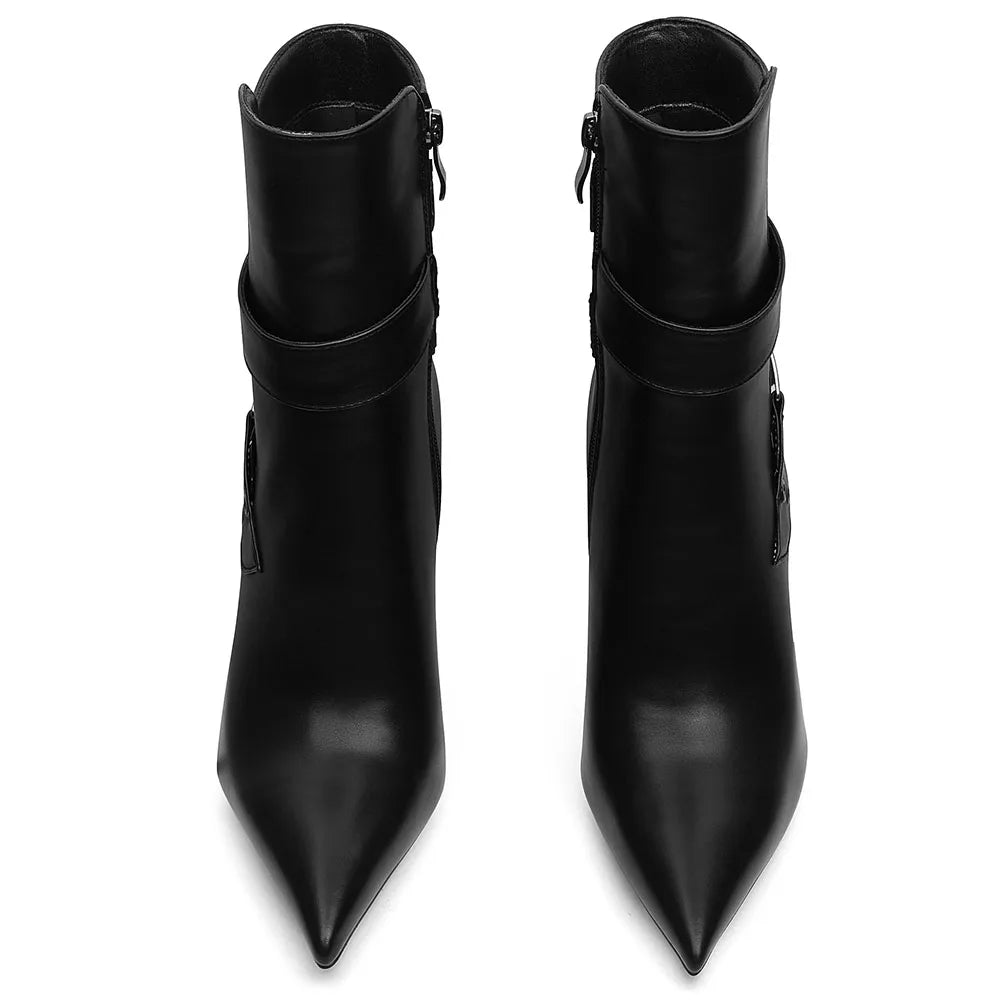 DoraTasia Fashion Pointed Toe Thin High Heel Boots for Women Hollow Metal Buckle Side Zipper Spring Autumn Party Shoes