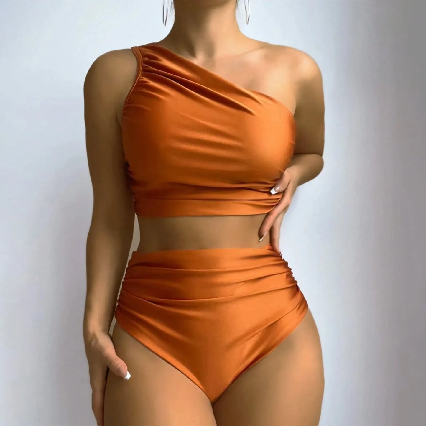 One Shoulder Sleeveless Bikini Set for Women Solid Color Pleated Bandage Bathing Suit Swimwear Summer Beach 2024 Trend