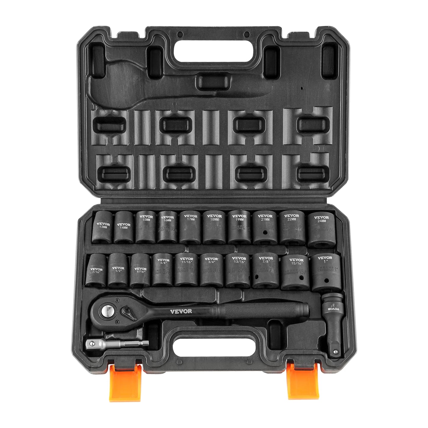 VEVOR 23 Piece 1/2 Inch Drive Impact Socket Set SAE Metric 6 Point Cr-V Alloy Steel Auto Repair Tools