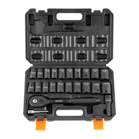 VEVOR 23 Piece 1/2 Inch Drive Impact Socket Set SAE Metric 6 Point Cr-V Alloy Steel Auto Repair Tools