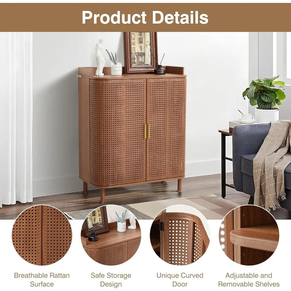 Shoe Cabinet,5 Tier Boho Wooden Shoe Storage Organizer Cabinet with Adjustable Shelves, Shoes Rack with Iron Rattan Curved Doors