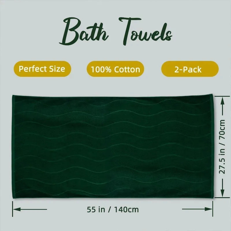 100 Percent Cotton Bath Towels Set of 2 in Forest Green Wavy Striped Jacquard 27.5 Inch x 55 Inch Quick Dry Towel for Bathroom Pool Gym Swim