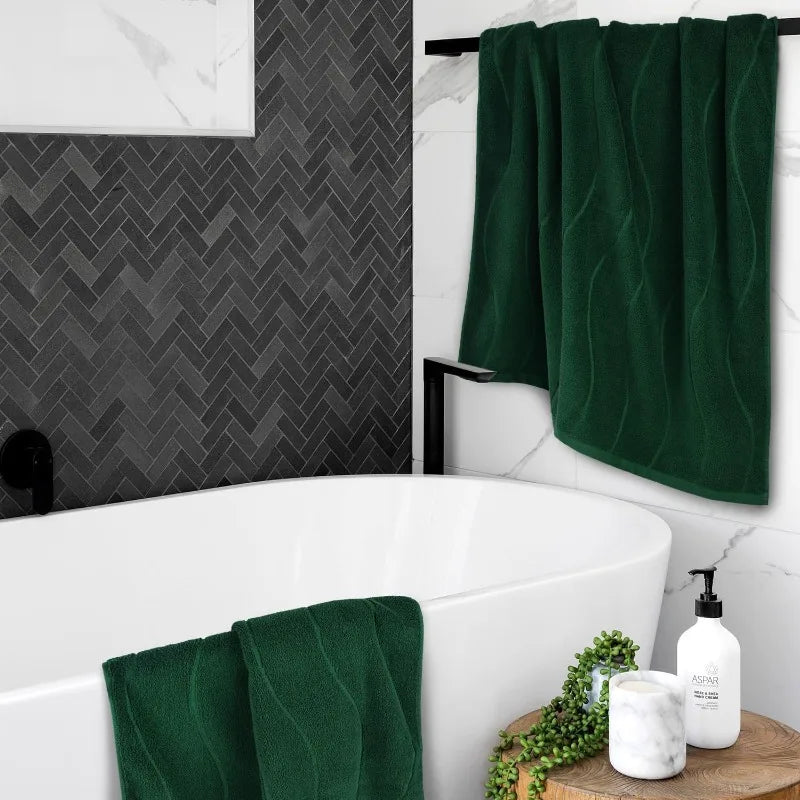 100 Percent Cotton Bath Towels Set of 2 in Forest Green Wavy Striped Jacquard 27.5 Inch x 55 Inch Quick Dry Towel for Bathroom Pool Gym Swim