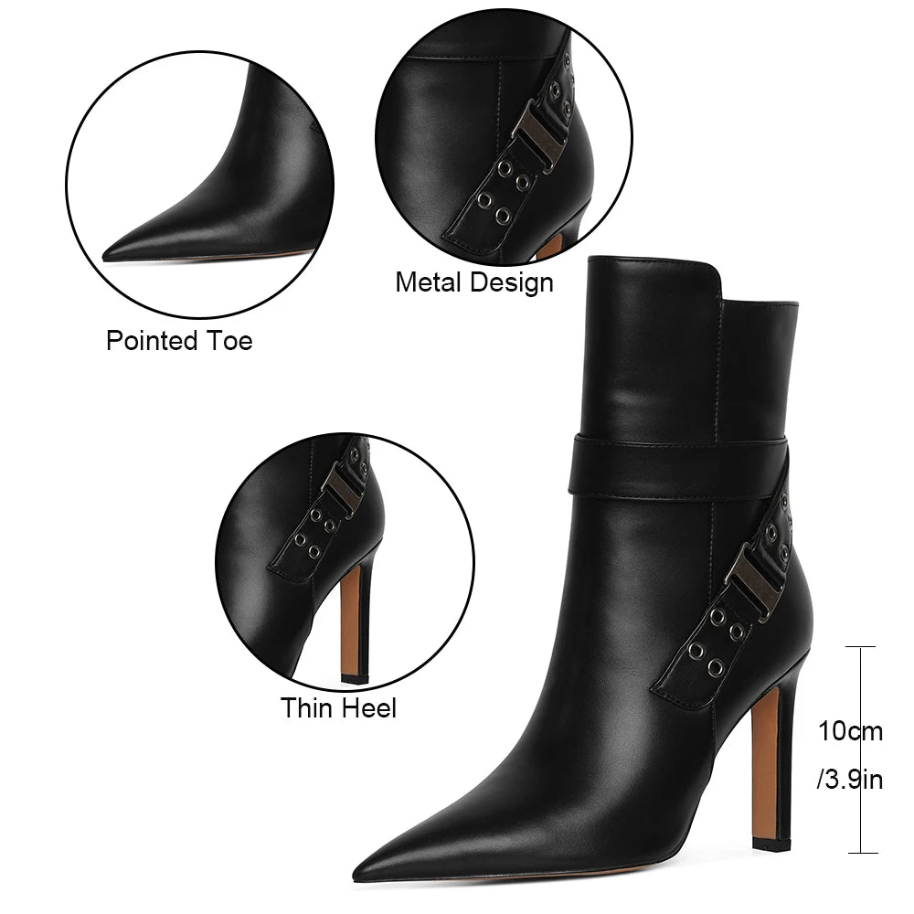 DoraTasia Fashion Pointed Toe Thin High Heel Boots for Women Hollow Metal Buckle Side Zipper Spring Autumn Party Shoes