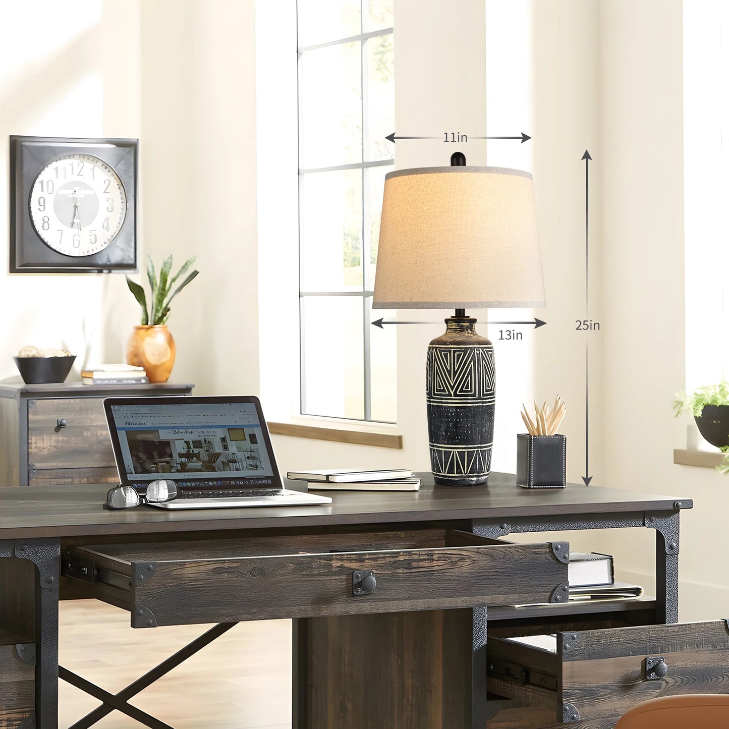 2 Pack 25 Inch Carved Geometric Ceramic Table Lamp With Linen Shade Southwest Rustic Accent Lamps For Living Room End Tables