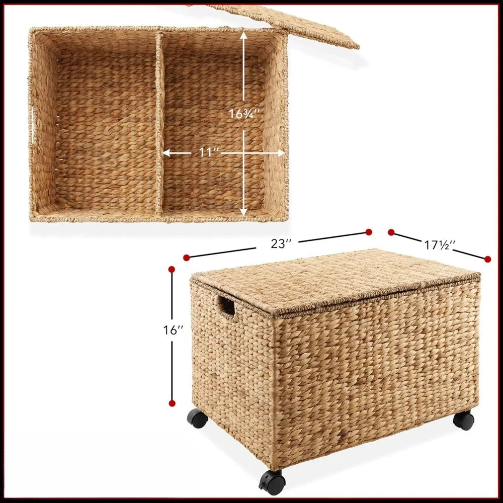 Rolling Storage Basket Cart with Lid and Locking Wheels, Natural Handwoven Water Hyacinth Divided Bin