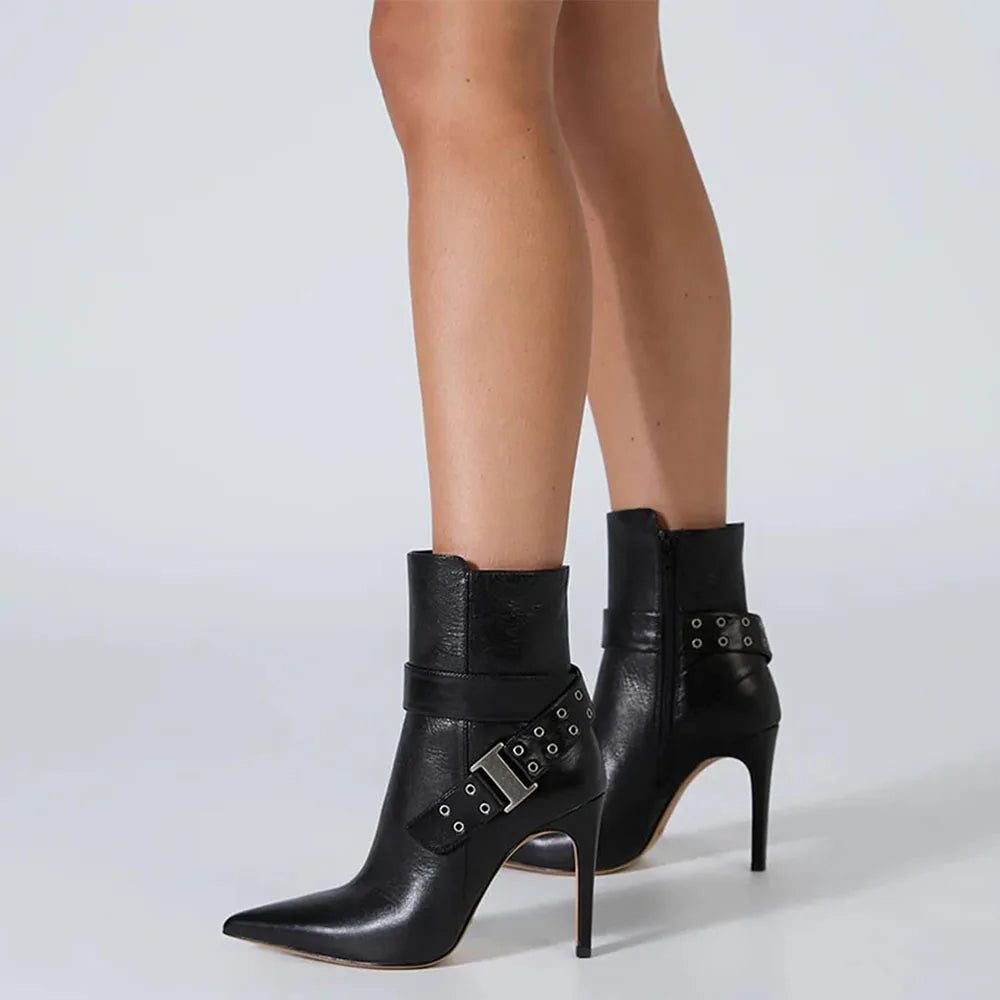DoraTasia Fashion Pointed Toe Thin High Heel Boots for Women Hollow Metal Buckle Side Zipper Spring Autumn Party Shoes