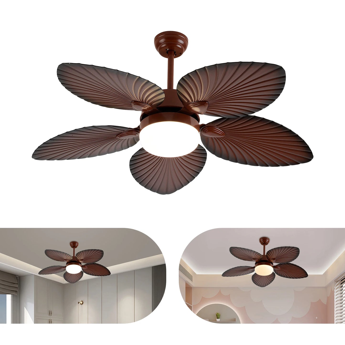 42 Inch Ceiling Fan with Light LED Palm Leaf Chandelier 5 Blade Fan Lamp with Remote Control for Living Room Bedroom