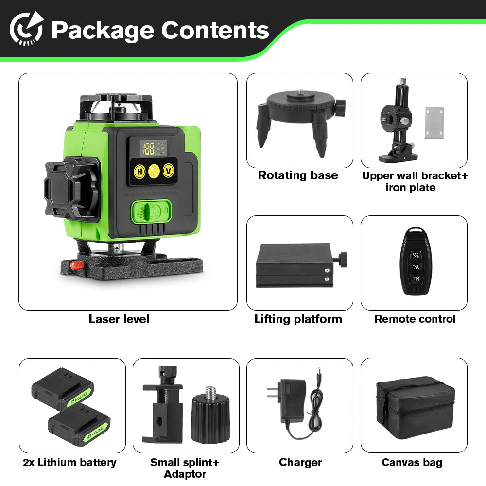 HGLINE 16 Lines 4D Laser Level Rotatable Level Machine Rechargeable Automatic Leveling Tool with 2X6000mAh Battery Set and Tripod