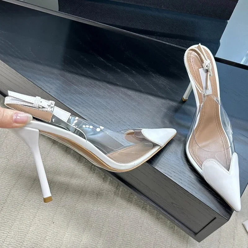 Patent Leather PVC Pointed Toe Summer Shoes for Women Back Buckle Strap Shallow Heels Sandals Luxury Party Dress Wedding Shoes