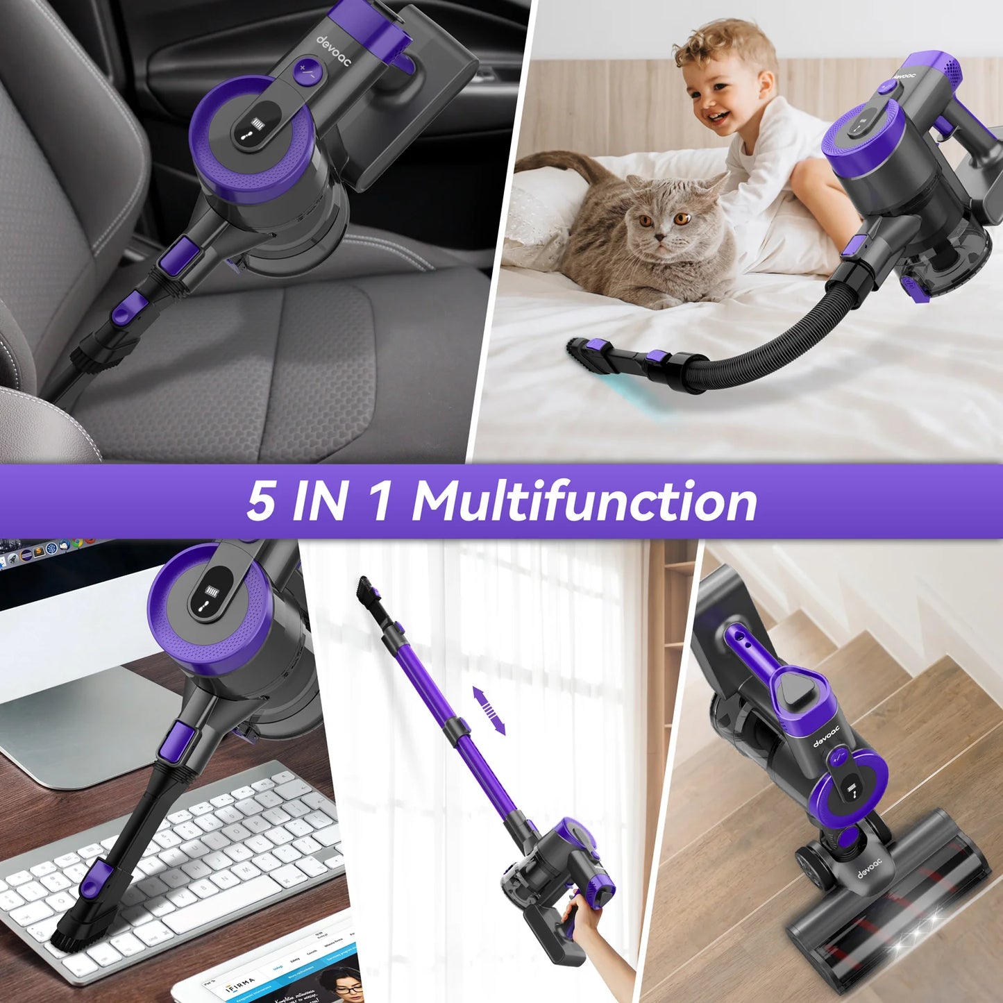 Devoac V90 Cordless Vacuum Cleaner 6 in 1 Ultra Light Stick Vacuum 365W Motor 28KPa Handheld for Hard Floor and Carpet Pet Hair