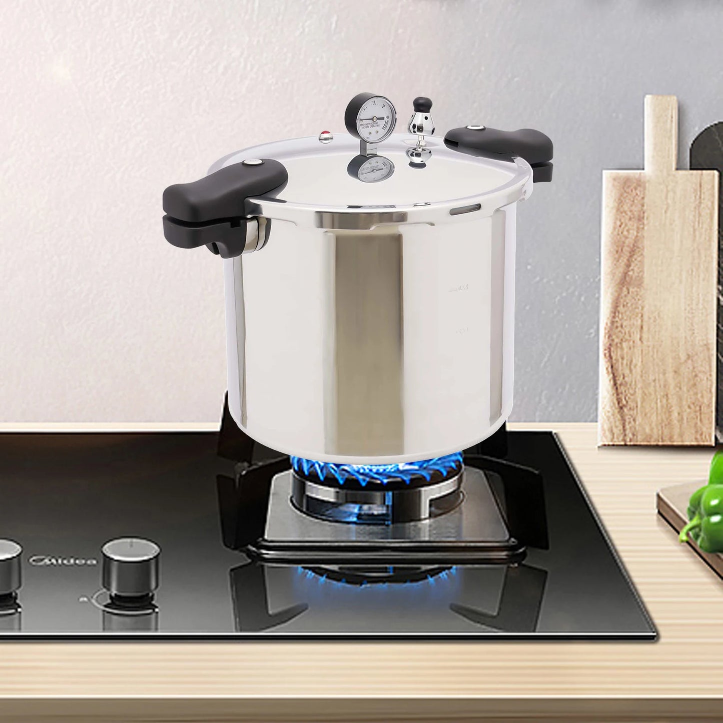 22L/23Qt 32cm Aluminium Pressure Cooker Large Capacity With Pressure Gauge Preserver Explosion SafetySilver 90Kpa