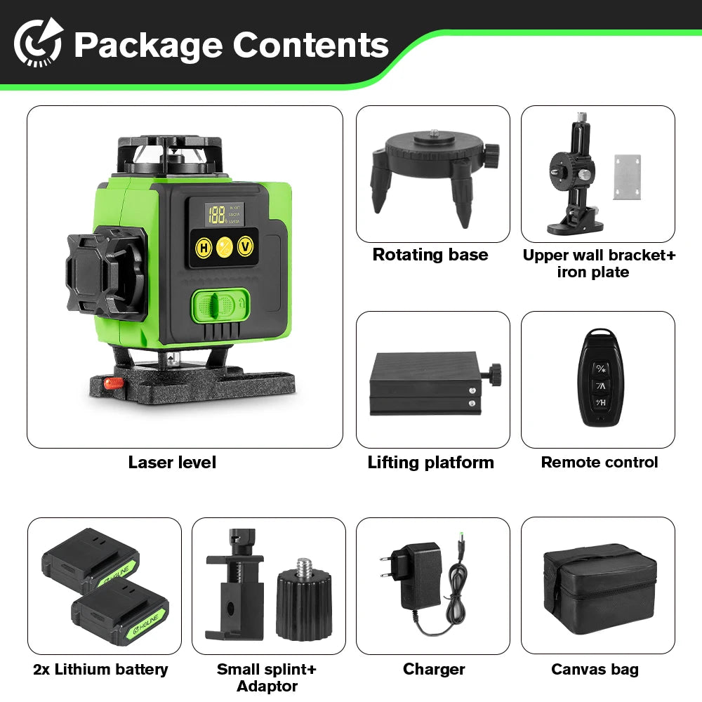 HGLINE 16 Lines 4D Laser Level Rotatable Level Machine Rechargeable Automatic Leveling Tool with 2X6000mAh Battery Set and Tripod