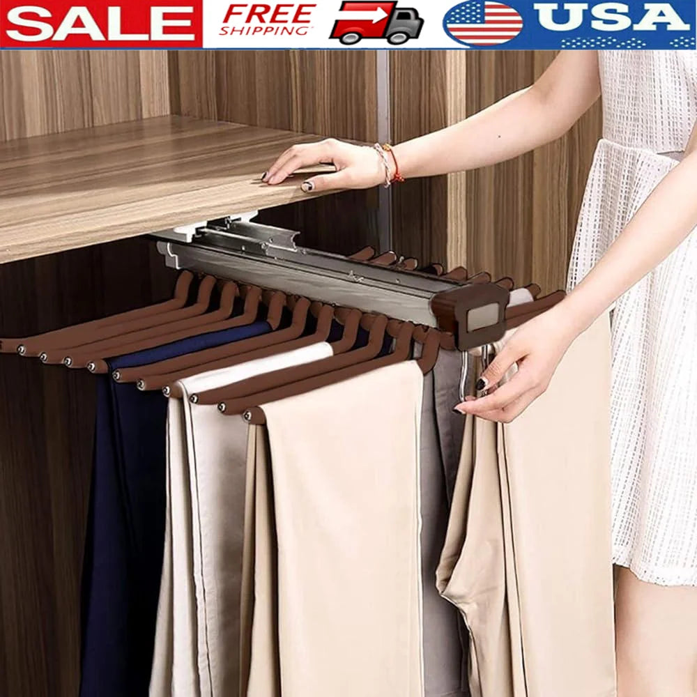 Pull Out Trousers Rack 22 Arms Steel Hanger Bar Space Saving Clothes Organizer for Pants Jeans Scarves Ties 33 Pounds Load Capacity