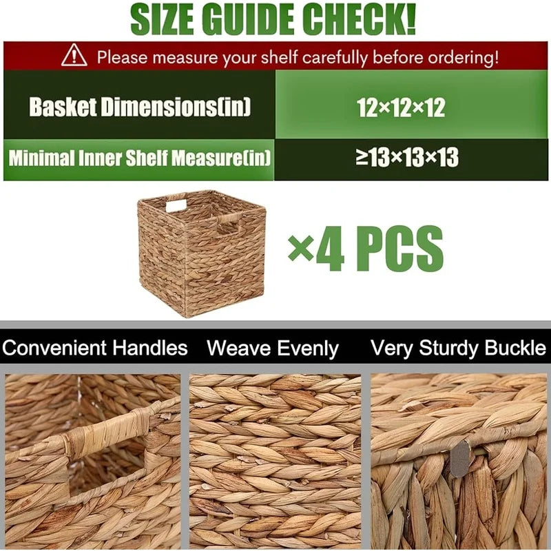 Foldable Handwoven Water Hyacinth Storage Baskets Set of 4 Wicker Cube Bins Rectangular Laundry Organizer Totes for Home and Office
