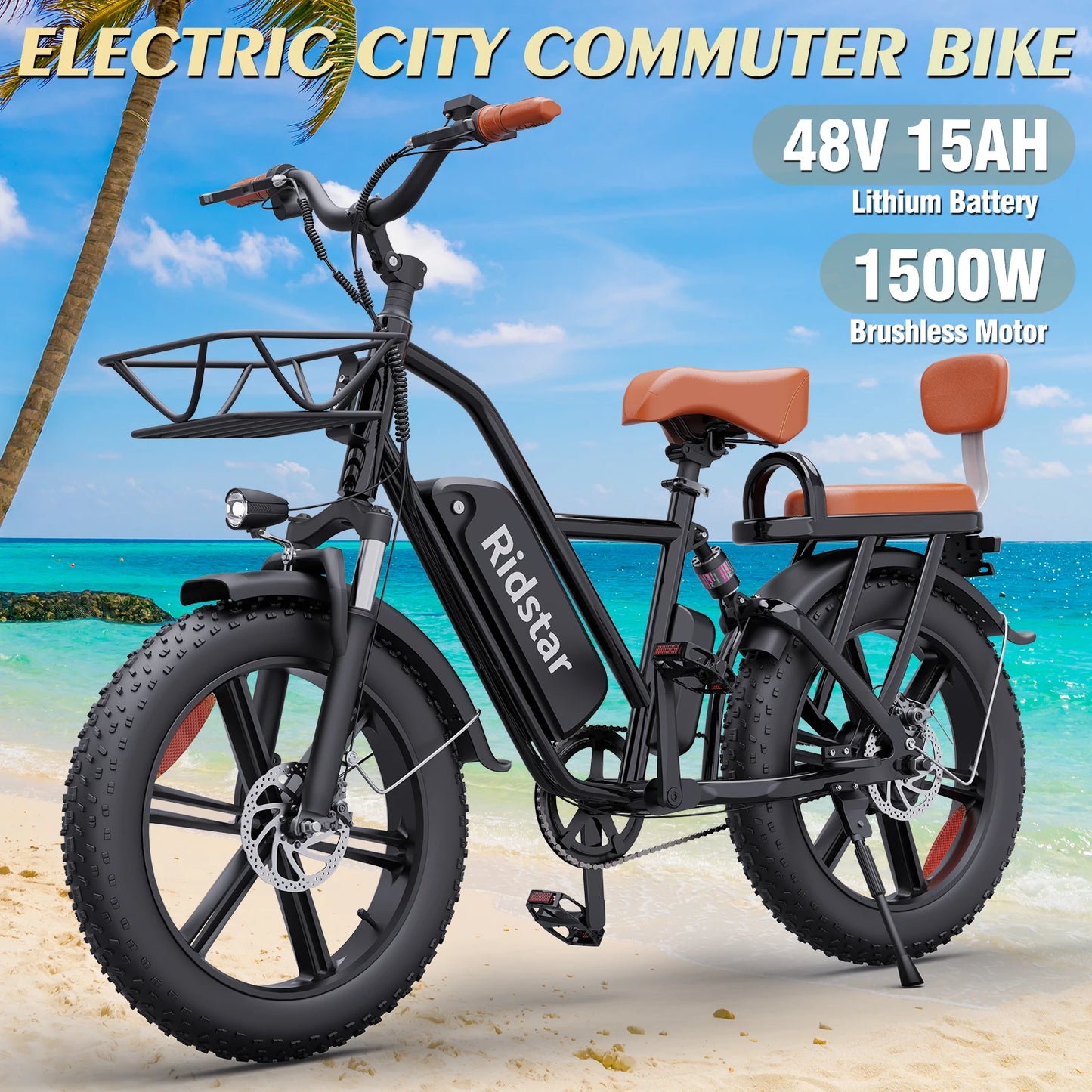 RIDSTAR 1500W 30MPH 30-70Miles 48V 15.6AH Removable Battery Electric Bike 20 Inch x 4 Inch Fat Tire Commuting Two Seater for Adults