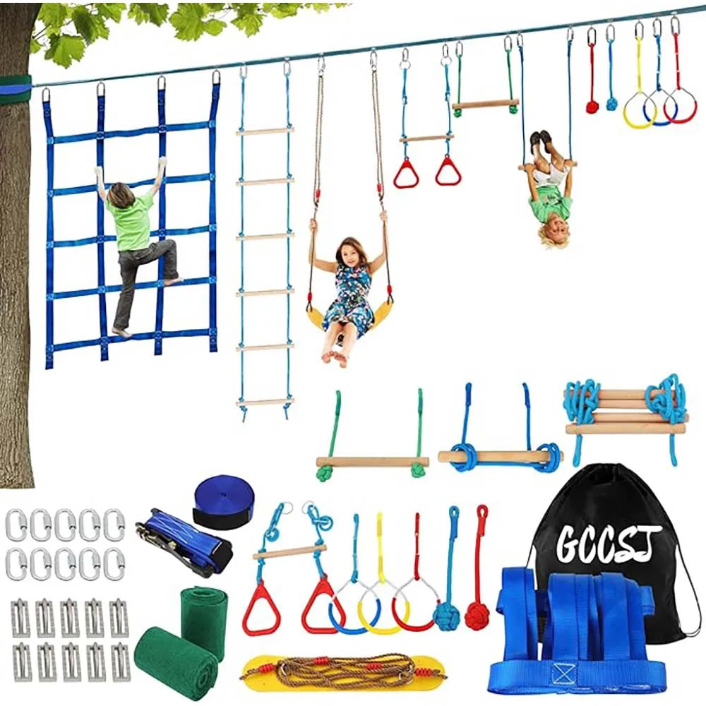65FT Slackline With Tree Climbing Rock Holds,
