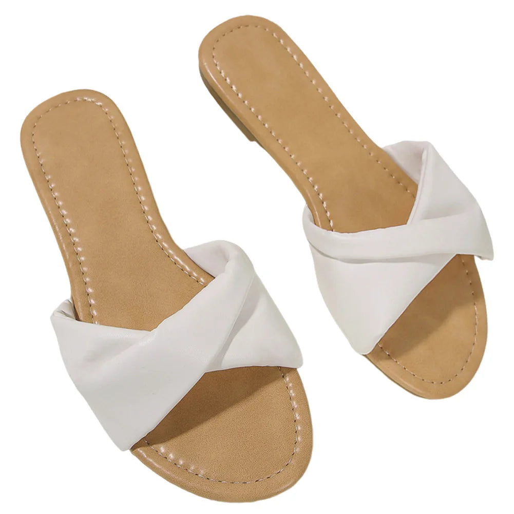 Women Flat Sandals Soft Leather Fashion Slides Summer Indoor Outdoor Peep Toe Wedge Slippers