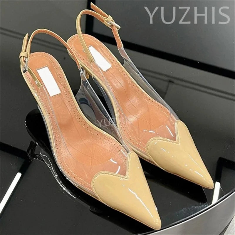 Patent Leather PVC Pointed Toe Summer Shoes for Women Back Buckle Strap Shallow Heels Sandals Luxury Party Dress Wedding Shoes