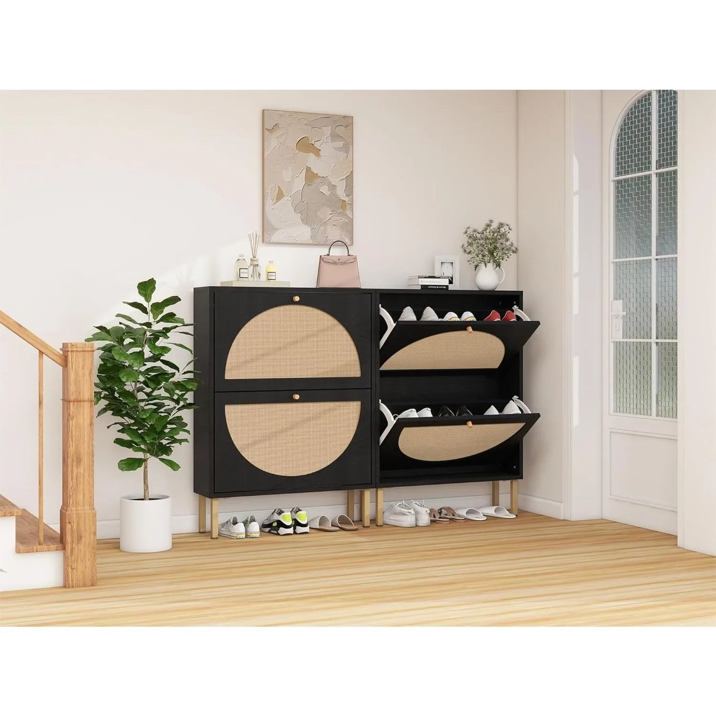 Rattan Shoe Cabinet with Two Flip Drawers Black Free Standing Storage Rack with Metal Legs Shoe Organizer for Entrance Hallway