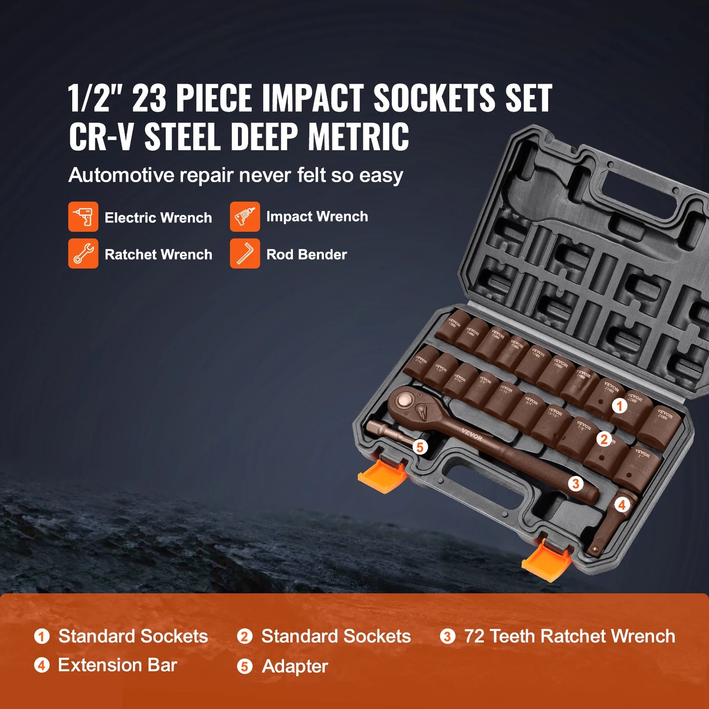 VEVOR 23 Piece 1/2 Inch Drive Impact Socket Set SAE Metric 6 Point Cr-V Alloy Steel Auto Repair Tools