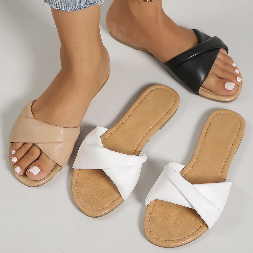 Women Flat Sandals Soft Leather Fashion Slides Summer Indoor Outdoor Wedge Peep Toe