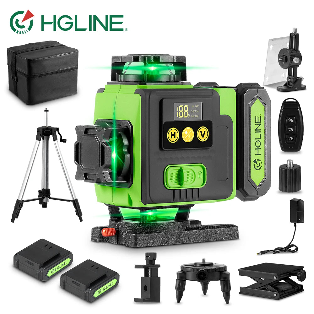 HGLINE 16 Lines 4D Laser Level Rotatable Level Machine Rechargeable Automatic Leveling Tool with 2X6000mAh Battery Set and Tripod