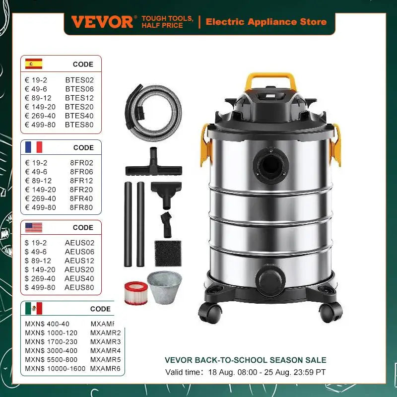 VEVOR Stainless Steel Wet Dry Shop Vacuum Powerful Suction Small Shop Vac for Carpet Debris and Pet Hair