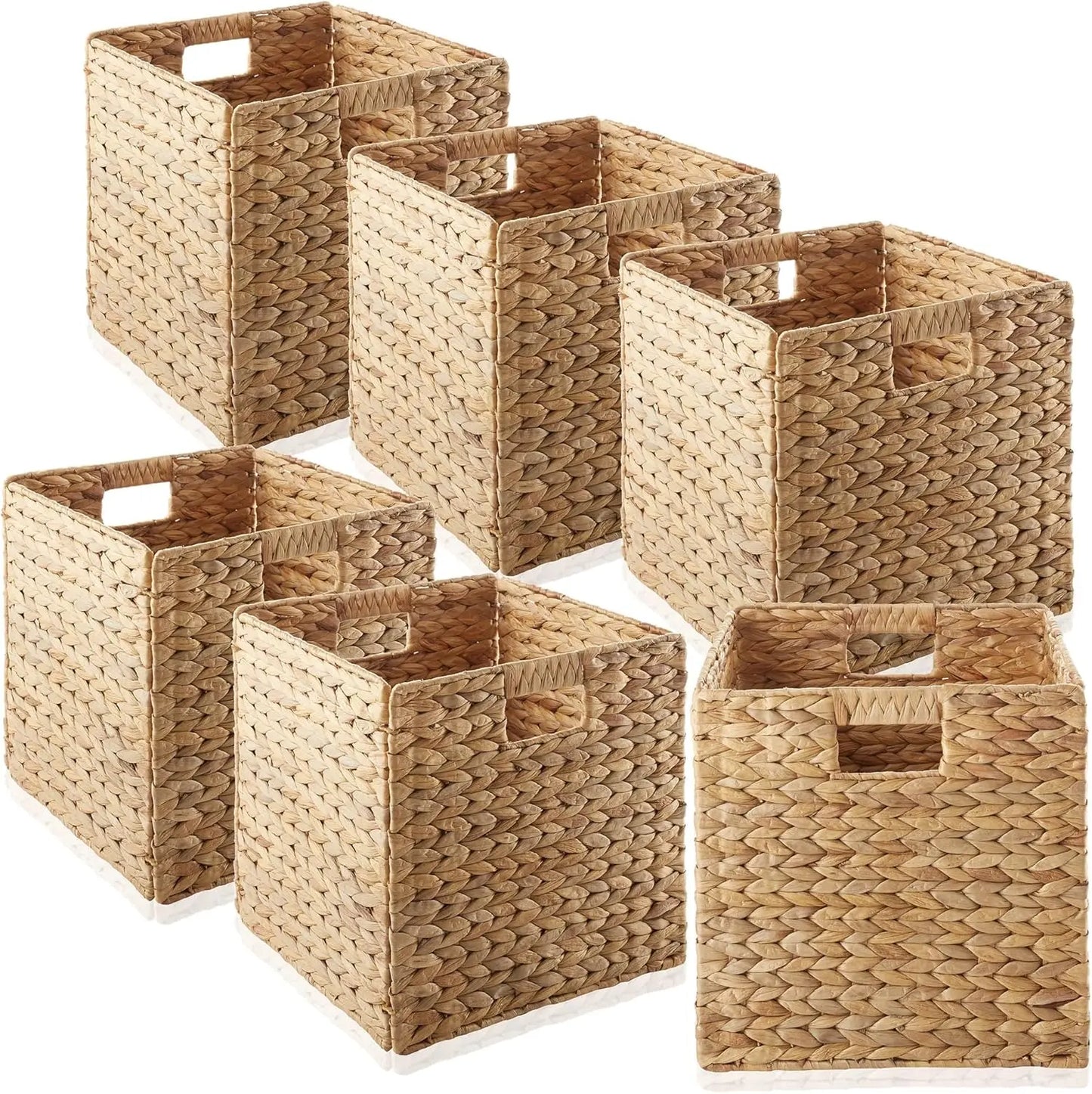 12 Inch x 12 Inch Water Hyacinth Storage Baskets Natural Set of 6 Collapsible Cube Organizers Woven Bins for Bathroom Bedroom Laundry