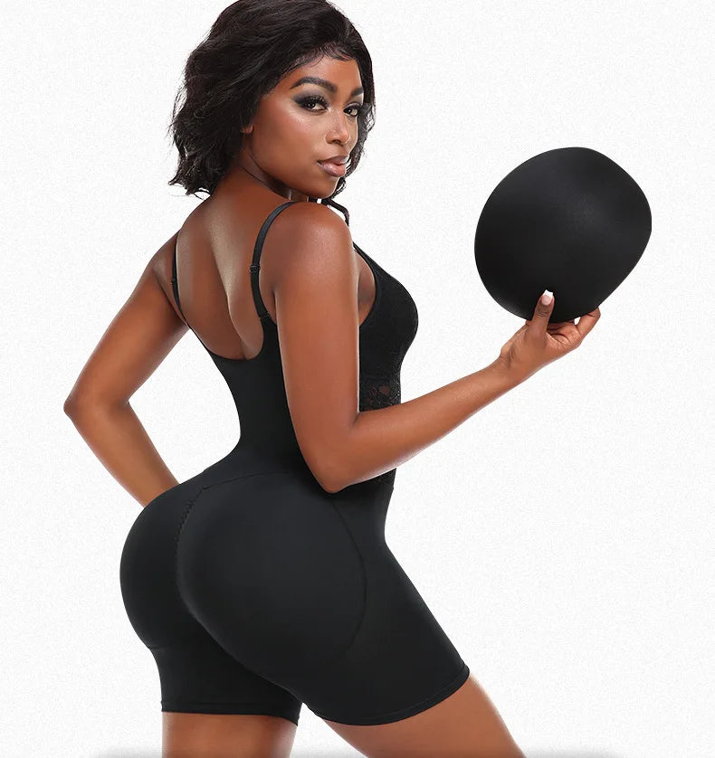 Sexy Overbust Full Body Shaper Lace Shapewear Bodysuit with Hip Pads Butt Lifter and Waist Slimmer Slimming Control Panties