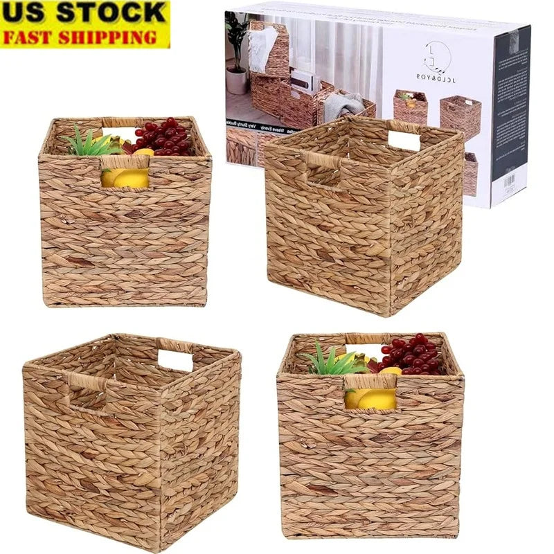 Foldable Handwoven Water Hyacinth Storage Baskets Set of 4 Wicker Cube Bins Rectangular Laundry Organizer Totes for Home and Office