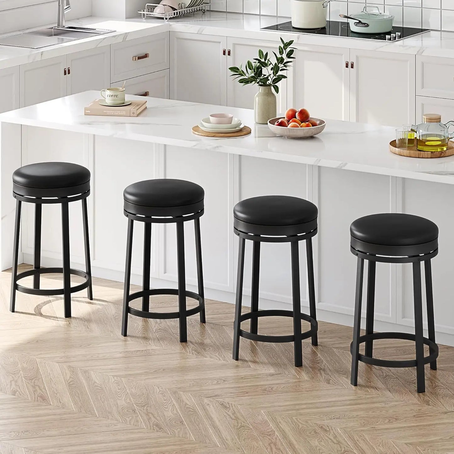 24'' Swivel Bar Stools with Footrest, Modern Counter Height Barstools with PU Leather Upholstered and Metal Frame