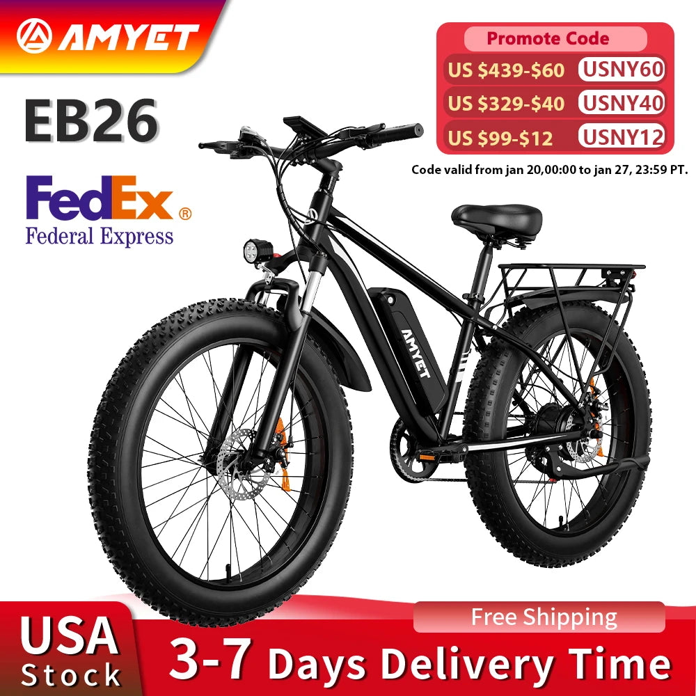 AMYET Electric Bike EB26 Adults Electric Bicycle 1500W 48V 15AH 26 Inch Fat Tire Mountain Bike 31mph Electric Dirt Bike
