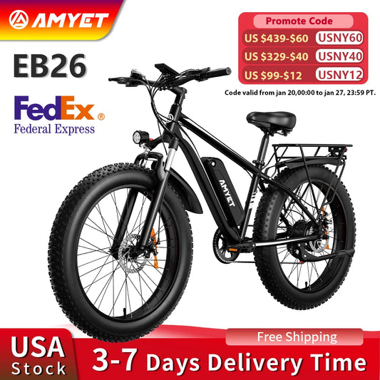 AMYET Electric Bike EB26 Adults Electric Bicycle 1500W 48V 15AH 26 Inch Fat Tire Mountain Bike 31mph Electric Dirt Bike