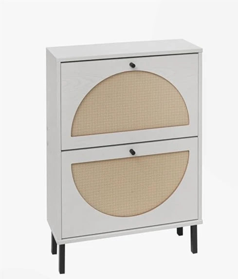 Rattan Shoe Cabinet with Two Flip Drawers Black Free Standing Storage Rack with Metal Legs Shoe Organizer for Entrance Hallway