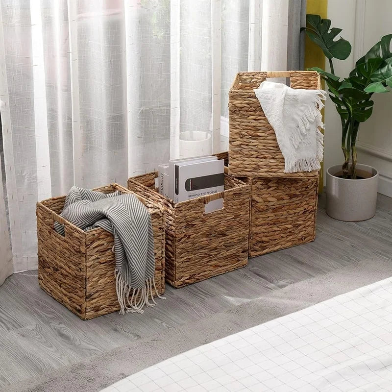 Foldable Handwoven Water Hyacinth Storage Baskets Set of 4 Wicker Cube Bins Rectangular Laundry Organizer Totes for Home and Office