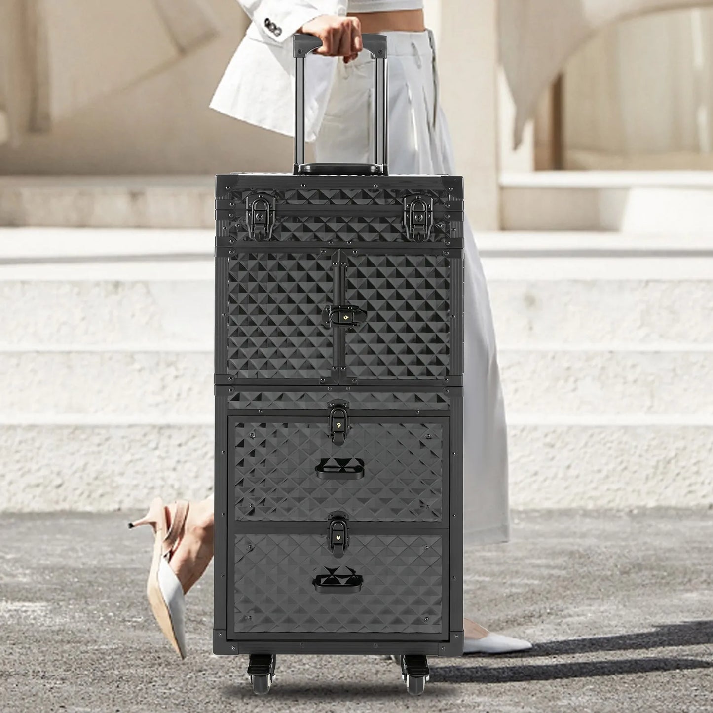 Cosmetology Case on Wheels Rolling Makeup Train Case Nail Travel Case for Nail Technicians Professional Makeup Case with Drawer