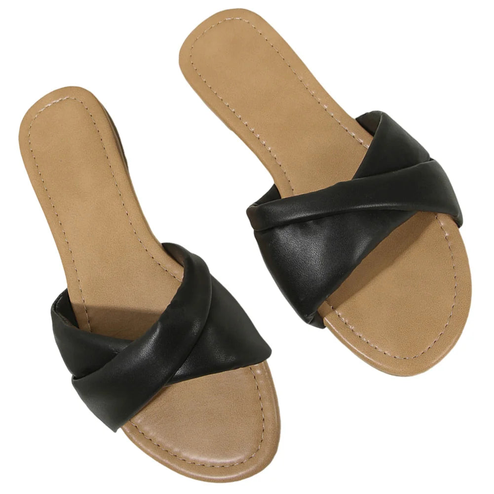 Women Flat Sandals Soft Leather Fashion Slides Summer Indoor Outdoor Wedge Peep Toe