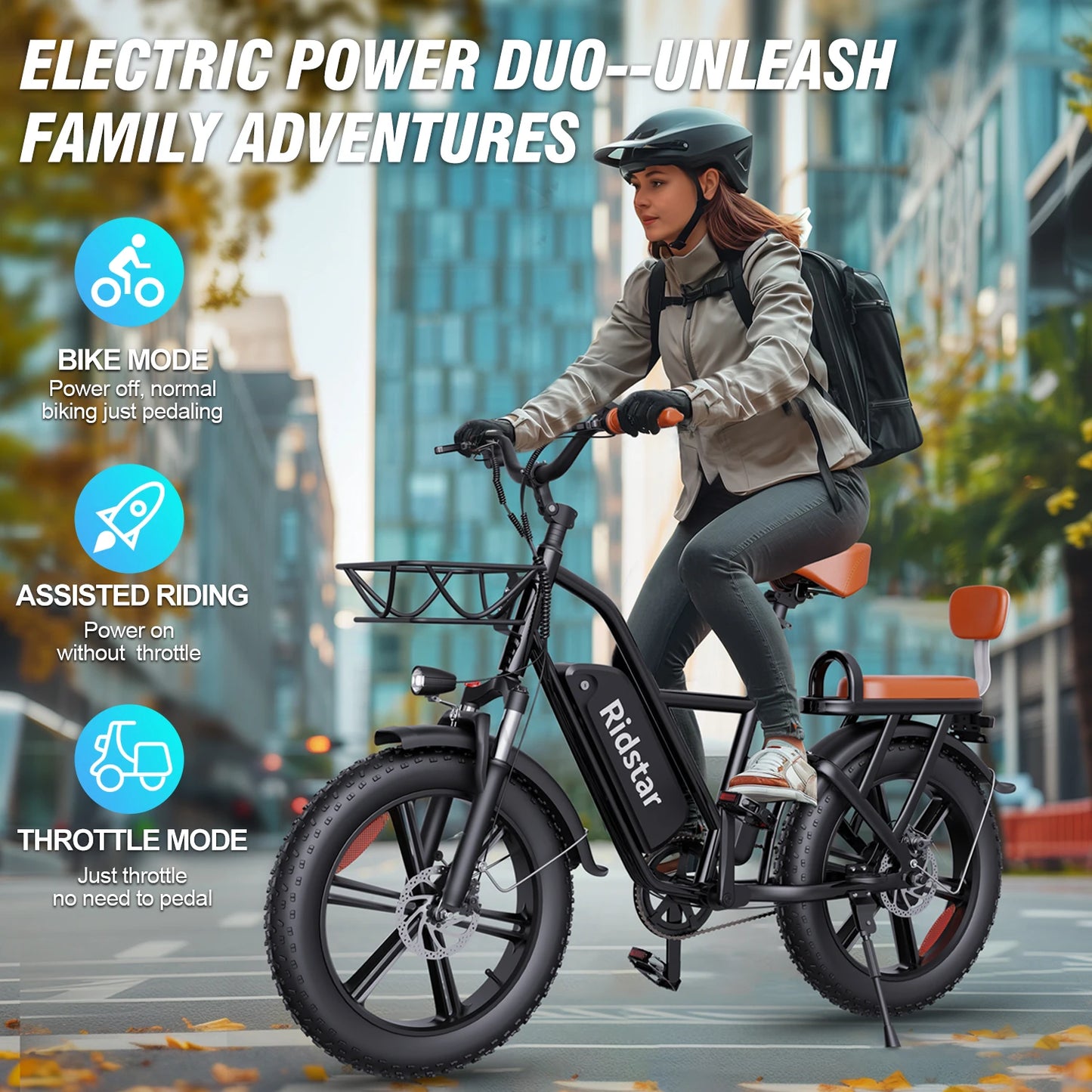 RIDSTAR 1500W 30MPH 30-70Miles 48V 15.6AH Removable Battery Electric Bike 20 Inch x 4 Inch Fat Tire Commuting Two Seater for Adults
