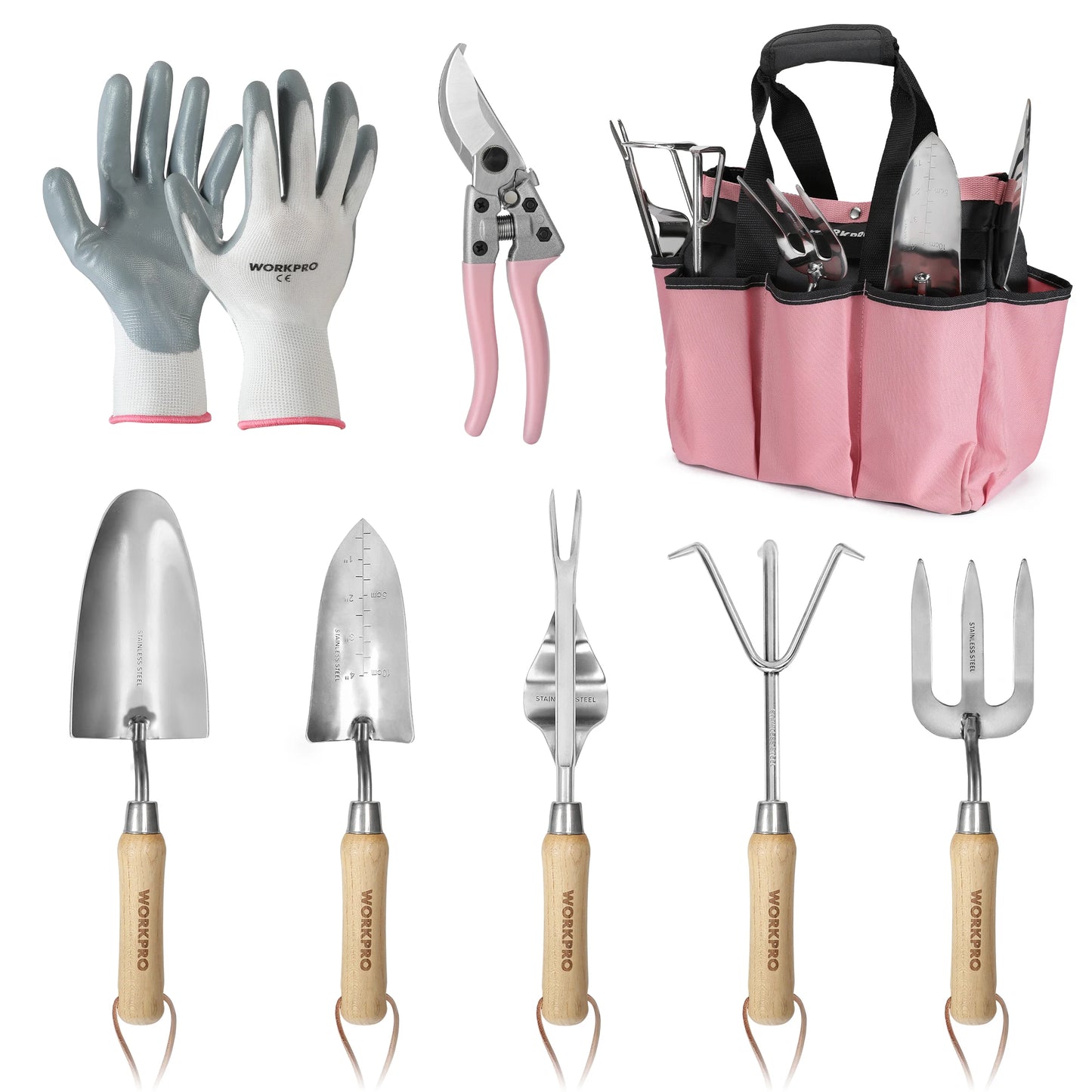 Workpro 8 Piece Pink Garden Tool Set Stainless Steel Gardening Tools with Wood Handle Garden Tote Gloves Trowel