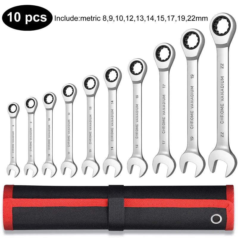 Ratcheting Wrench Set Metric and Standard 12 Point Box End Combination Spanner Gear Wrench Garage Tool Set CR-V Full Polished