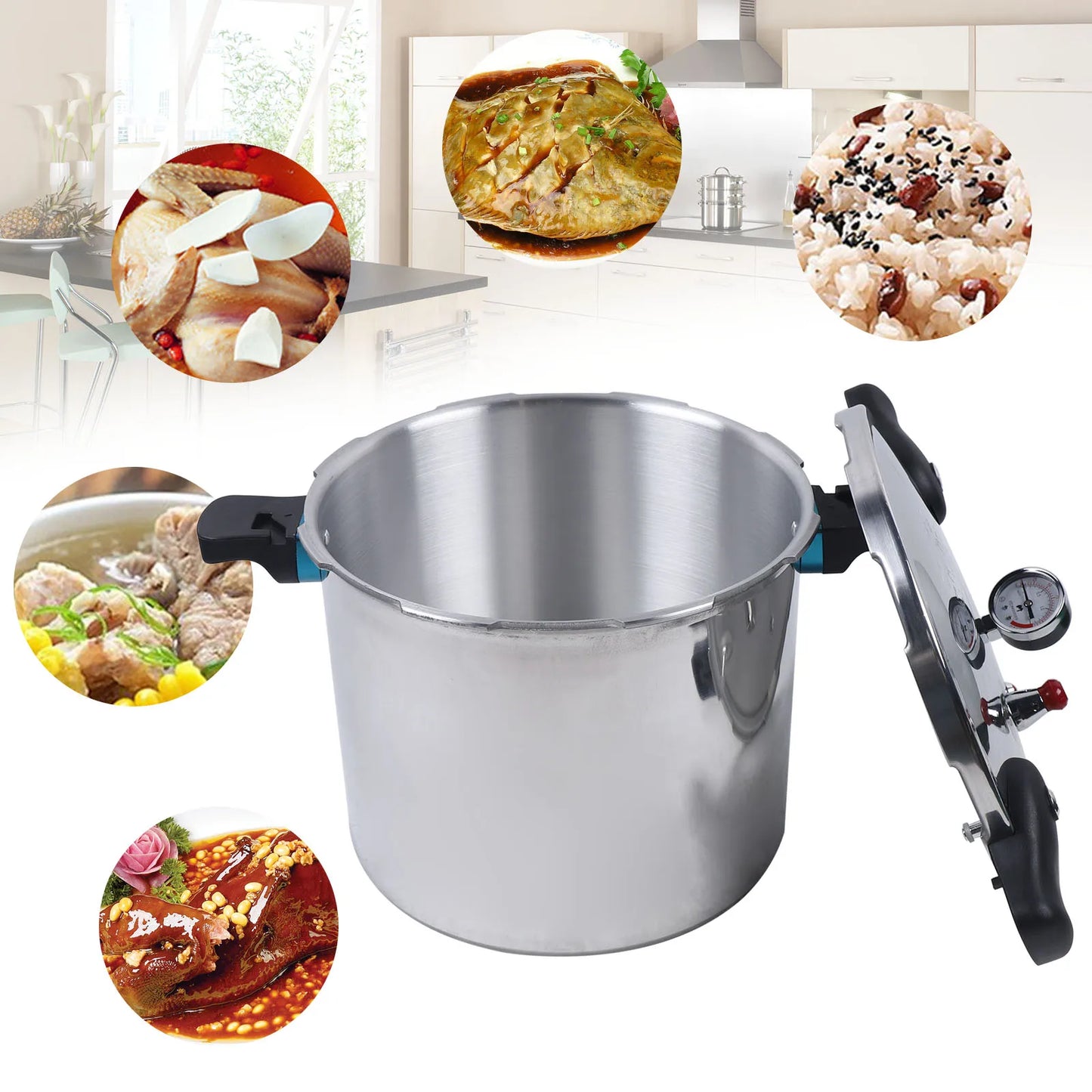 22L/23Qt 32cm Aluminium Pressure Cooker Large Capacity With Pressure Gauge Preserver Explosion SafetySilver 90Kpa