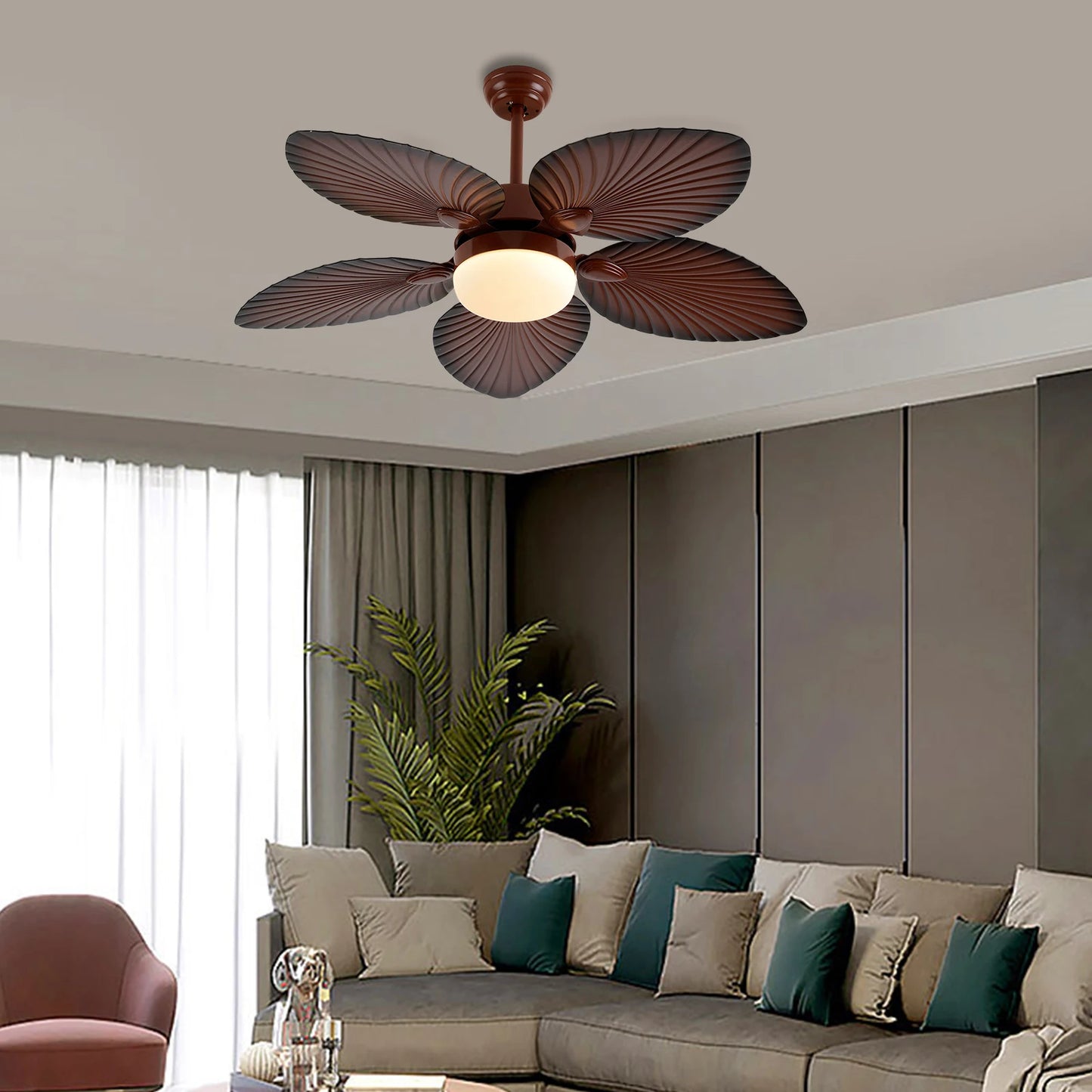 42 Inch Ceiling Fan with Light LED Palm Leaf Chandelier 5 Blade Fan Lamp with Remote Control for Living Room Bedroom