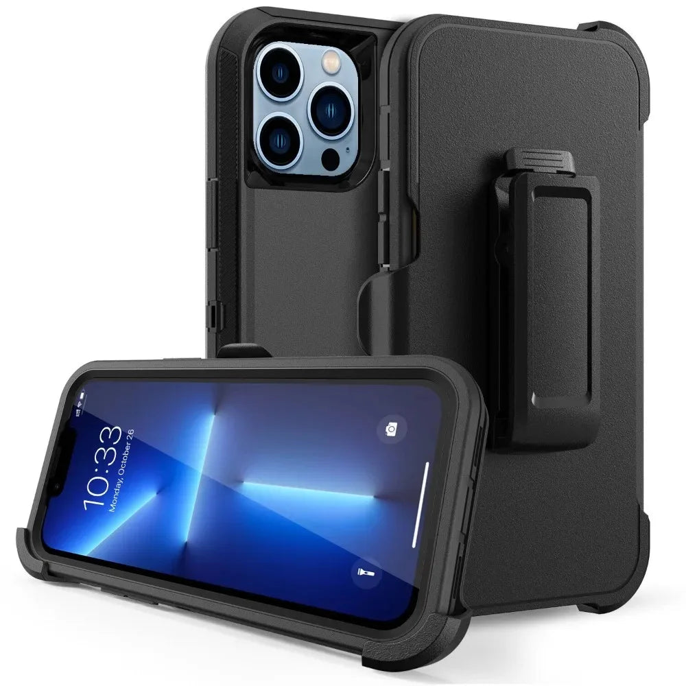 3 In 1 Heavy Shockproof PC TPU Rugged Phone Case with Belt Clip for iPhone 14 13 12 11 15 16 Pro Max Mini XR XS Max X SE 7 8 Plus