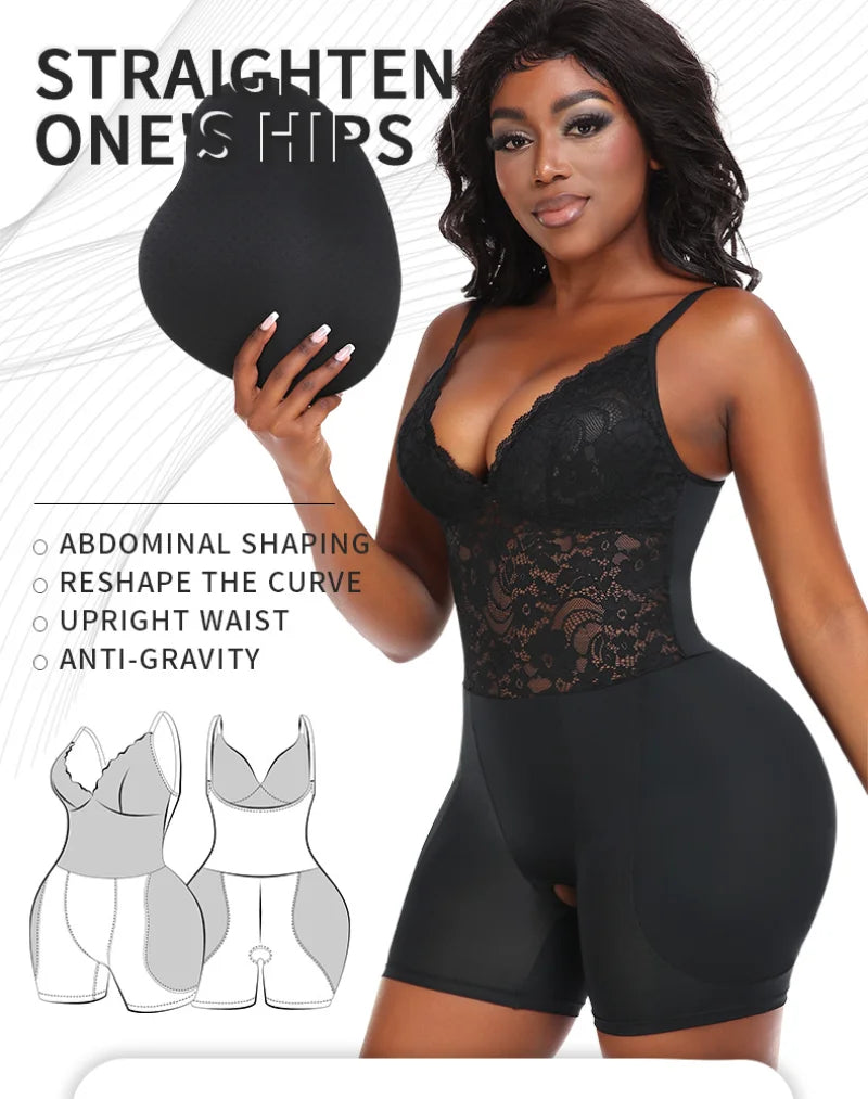Sexy Overbust Full Body Shaper Lace Shapewear Bodysuit with Hip Pads Butt Lifter and Waist Slimmer Slimming Control Panties