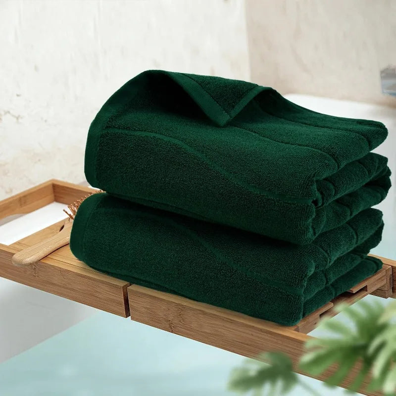 100 Percent Cotton Bath Towels Set of 2 in Forest Green Wavy Striped Jacquard 27.5 Inch x 55 Inch Quick Dry Towel for Bathroom Pool Gym Swim