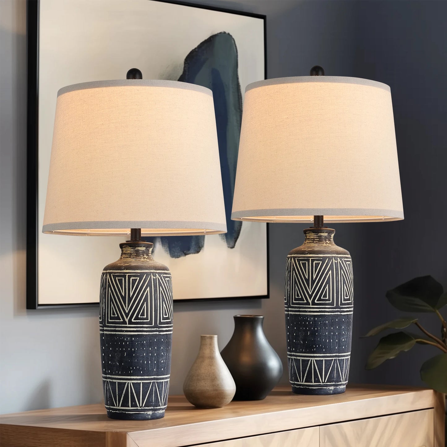 2 Pack 25 Inch Carved Geometric Ceramic Table Lamp With Linen Shade Southwest Rustic Accent Lamps For Living Room End Tables