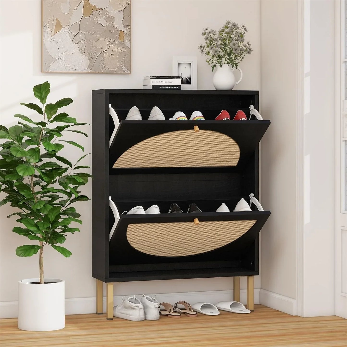 Rattan Shoe Cabinet with Two Flip Drawers Black Free Standing Storage Rack with Metal Legs Shoe Organizer for Entrance Hallway
