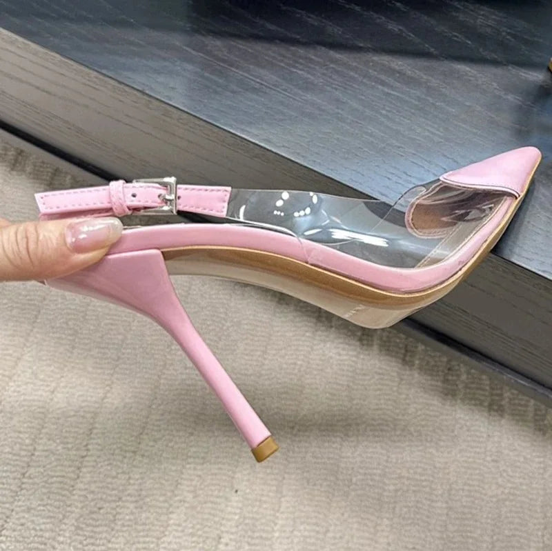 Patent Leather PVC Pointed Toe Summer Shoes for Women with Back Buckle Strap Shallow Heels Luxury Party Dress Wedding Sandals
